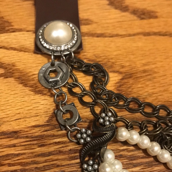 Vintage Plunder 19” leather clock pearls silver/ bronze steampunk boho necklace - Picture 3 of 5